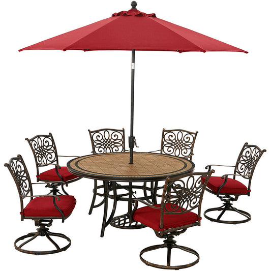 Hanover - Monaco 7-piece Outdoor Dining Set with 6 Cush Swivel Rockers and a 60-In. Round Tile Table, Umbrella, Base - MONDN7PCSW6RDTLLC-SU-R