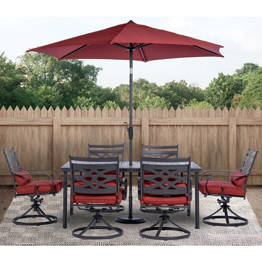 Outdoor Dining Set Hanover MCLRDN7PCSQSW6-SU-C Montclair 7-Piece Dining Set with 6 Swivel Rockers, Dining Table and 9-Feet Umbrella