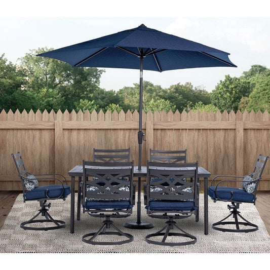 Outdoor Dining Set Hanover MCLRDN7PCSQSW6-SU-N Montclair 7-Piece Dining Set with 6 Swivel Rockers, Dining Table and 9-Feet Umbrella