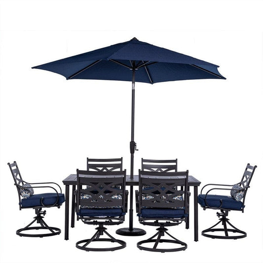 Outdoor Dining Set Hanover MCLRDN7PCSQSW6-SU-N Montclair 7-Piece Dining Set with 6 Swivel Rockers, Dining Table and 9-Feet Umbrella