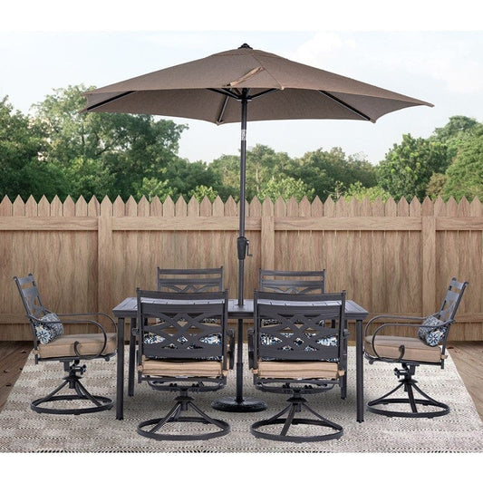 Outdoor Dining Set Hanover MCLRDN7PCSQSW6-SU-T Montclair 7-Piece Dining Set with 6 Swivel Rockers, Dining Table and 9-Feet Umbrella