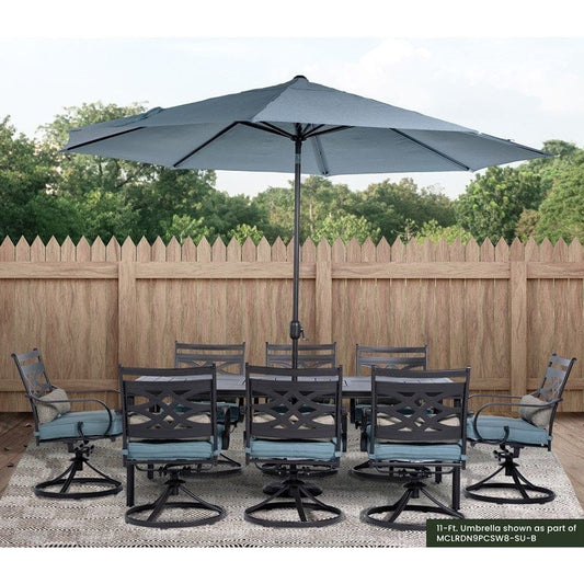 Outdoor Dining Set Hanover MCLRUMB11-BLU Montclair 132 Inch 11-Feet Market Outdoor Umbrella - Ocean Blue and Brown