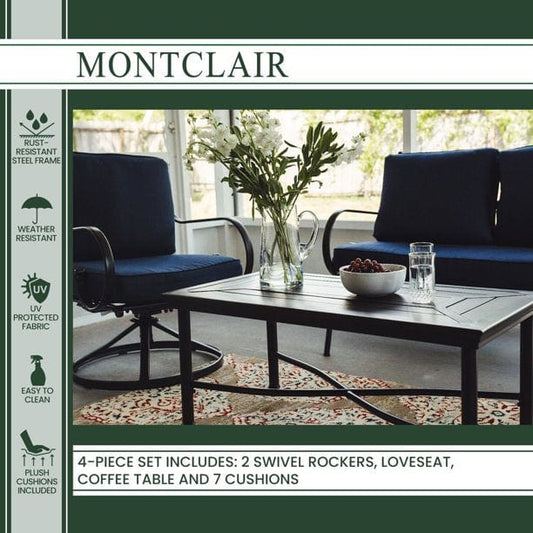 Outdoor Dining Set Hanover Montclair 4-Piece All-Weather Outdoor Patio Chat Set, 2 Swivel Rocker Side Chairs, Loveseat, and Coffee Table, Thick Cushions, Conversation Set - MCLR4PC-NVY