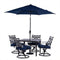 Outdoor Dining Set Hanover Montclair 5-Piece Patio Dining Set in Navy Blue with 4 Swivel Rockers, 40-Inch Square Table, and 9-Ft. Umbrella