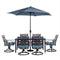 Outdoor Dining Set Hanover Montclair 7-Piece Dining Set in Ocean Blue with 6 Swivel Rockers, 40-In. x 66-In. Dining Table and 9-Ft. Umbrella