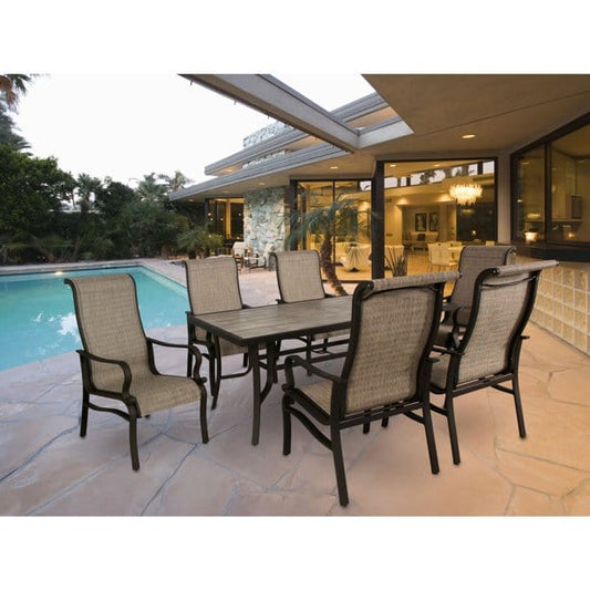 Outdoor Dining Set Hanover Venice 7-Piece Patio Dining Set with 6 Sling Stationary Chairs and 66 in. x 40 in. Slat Top Table