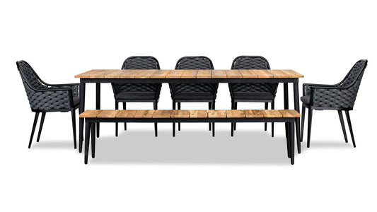 Harmonia Living - Parlor Louie 7 to 8 Seat Reclaimed Teak Dining Set w/ Bench | PAR-BK-SET581