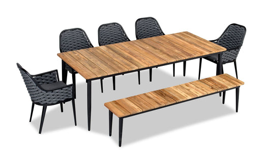 Harmonia Living - Parlor Louie 7 to 8 Seat Reclaimed Teak Dining Set w/ Bench | PAR-BK-SET581