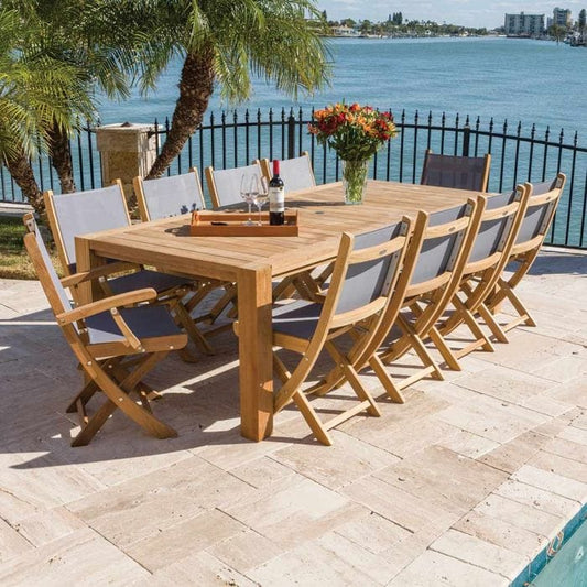 Royal Teak Collection Outdoor Teak Dining Set Royal Teak Collection 96 Inch Comfort Table | 9 Piece Teak Dining Set – COMF96 | 8 Dining Chairs