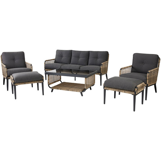 Hanover - Sedona 6-Piece Conversation Set with Sofa, 2 Side Chairs, 2 Ottomans, and Glass-Top Coffee Table - Tan/Charcoal - SED6PC-CHR
