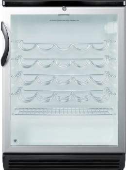 Summit Commercial Freestanding Wine Cellars 24 Inch Freestanding Wine Cellar with 36-Bottle Capacity, 4 Scalloped Wire Shelves, Automatic Defrost, Interior Lighting and Door Lock: Black Handle