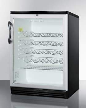 Summit Commercial Freestanding Wine Cellars 24 Inch Freestanding Wine Cellar with 36-Bottle Capacity, 4 Scalloped Wire Shelves, Automatic Defrost, Interior Lighting and Door Lock: Black Handle