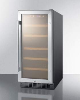 Summit Undercounter Wine Cellars 15 Inch Built-In Wine Cellar with 2.2 Cu. Ft. 23 Bottle Capacity, Stainless Steel Trimmed Glass Door, Wooden Shelves, Digital Thermostat, Door & Temperature Alarm, Lock, and ADA Compliant