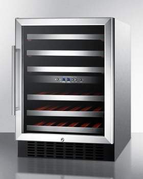 Summit Undercounter Wine Cellars 24 Inch Undercounter Dual Zone Wine Cellar with Slide-Out Shelving, 46 Bottle Capacity, Automatic Defrost, Glass Door, Factory Installed Lock, Interior Light, Reversible Door and CFC Free: Stainless Steel Cabinet, ADA Compliant, Right Hinge