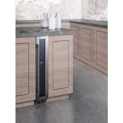 Summit Undercounter Wine Cellars 6 Inch Built-In Undercounter Wine Cellar with 7 Bottle Capacity, Open Bottle Storage, Digital Thermostat, Digital Display, LED Lighting, Fan-Forced Cooling, Reversible Door, Automatic Defrost, Open Door Alarm, High Temperature Alarm, Temperature