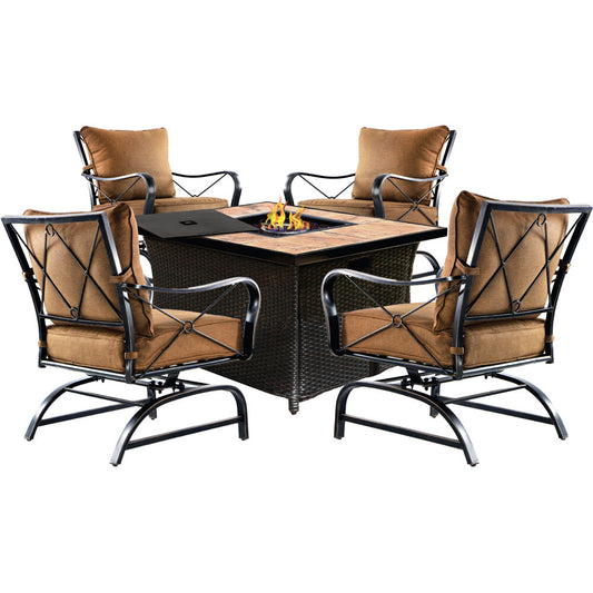Hanover - Summer Nights 5 piece Fire Pit: 4 cushion rockers, woven fire pit with tile top - SUMMR5PCWVFP-TL