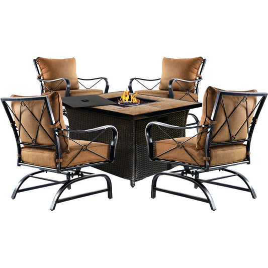 Hanover - Summer Nights 5 piece: 4 cushion rockers, woven fire pit with wood tile top - SUMMR5PCWVFP-WG
