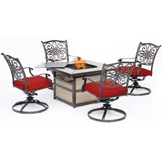 Hanover Traditions 5-Piece Fire Pit Chat Set with 4 Swivel Rockers in Autumn Berry Red with a 40,000 BTU Fire Pit Table - Hanover TRAD5PCSQSW4FP-RED