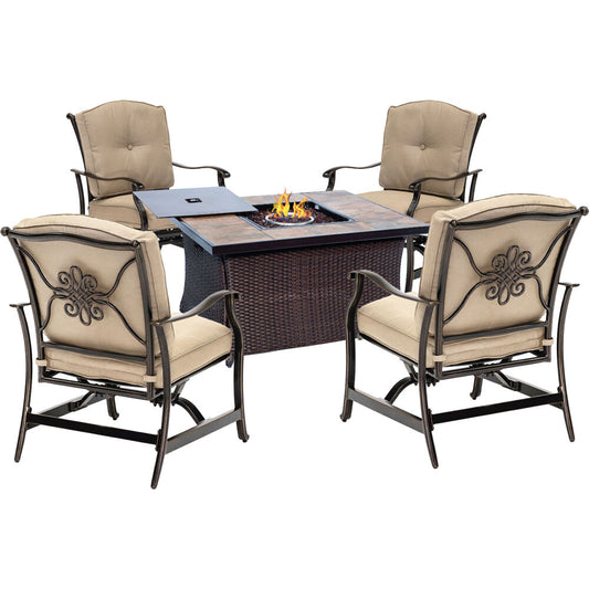 Hanover - Traditions 5 piece: 4 Deep Seating Rockers and Woven Fire Pit with Tile Top - TRAD5PCWVFP-TL