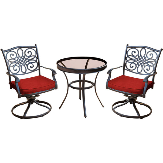 Hanover - Traditions 3-Piece Outdoor Dining Set With 2 Swivel Rockers, 30-In. Round Glass Top Table - Red/Glass - TRADDN3PCSWG-R