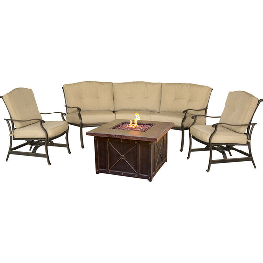 Hanover - Traditions 4-Piece Fire Pit Chat Set With Durastone Fire Pit, 2 Cush Rockers, Crescent Sofa - Hanover - TRADDURA4PCFP