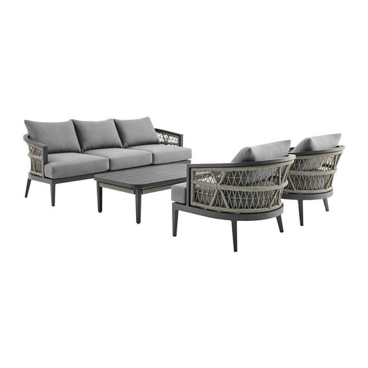 Armen Living - Zella Outdoor Patio 4 Piece Conversation Set in Aluminum with Light Gray Rope and Cushions – SETODZE4GRY