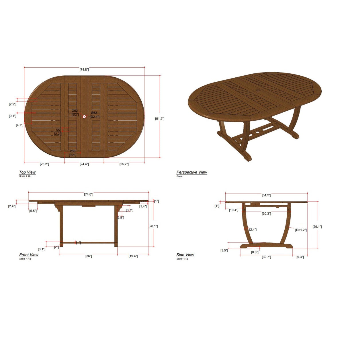 Westminster Teak - Martinique Teak Table Closed 55"; Extends to Oval 65" and 75" - 15548