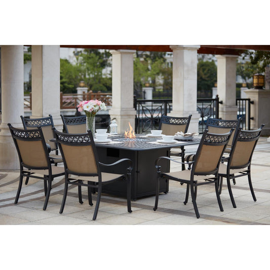 Darlee - Mountain View 9-Piece Patio Propane Fire Pit Dining Set with 64'' Square Fire Pit Dining Table and Fireglass  - 201610-9PC-60GW
