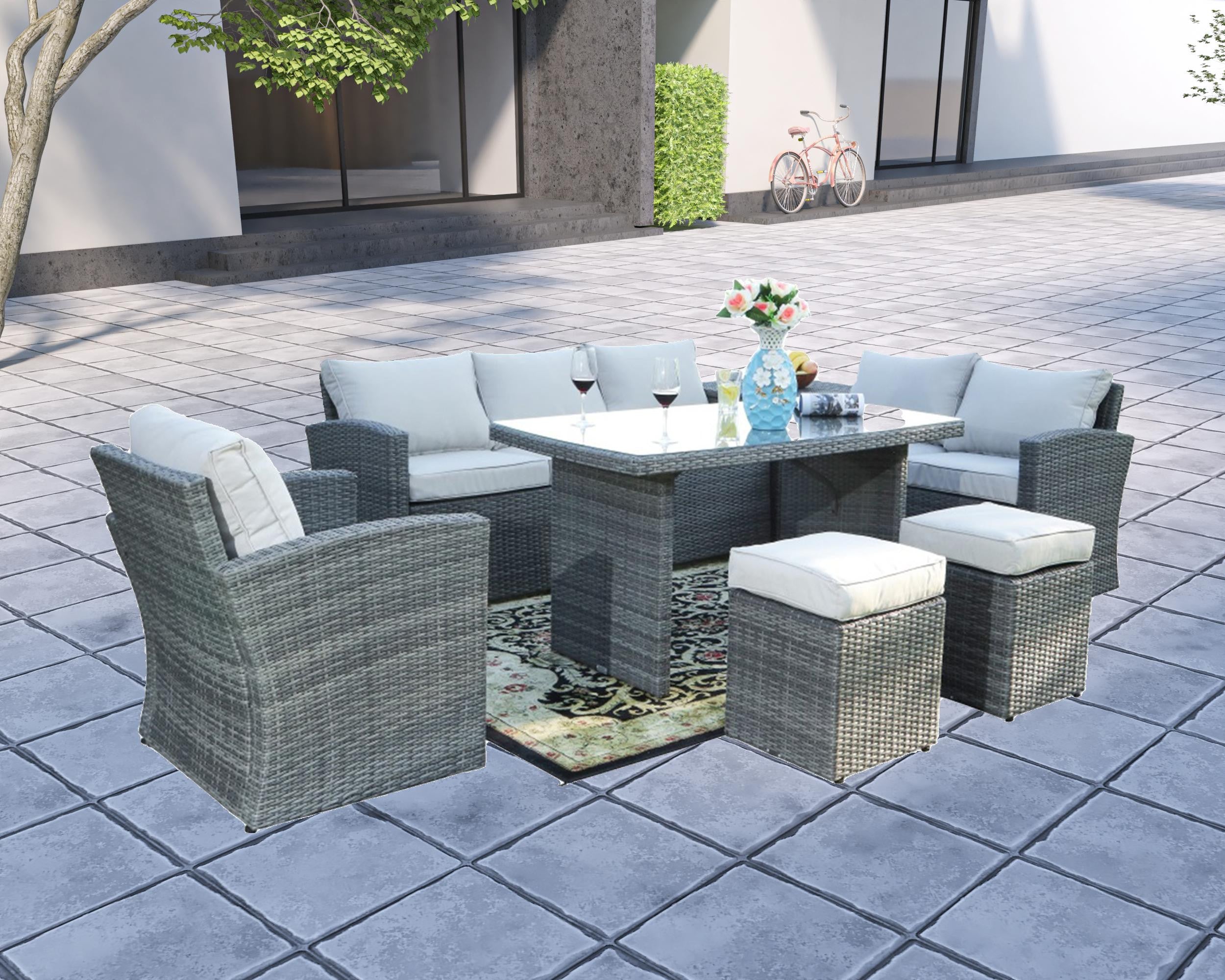 HomeRoots Outdoors - ECannes Variegated Grey 7-Piece Wicker Outdoor Sectional Set With Beige Cushions - 384146