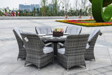HomeRoots Outdoors - Cordella Grey 7-Piece Wicker Round Outdoor Dining Set With Grey Cushions - 389970