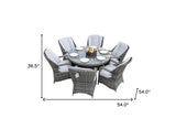 HomeRoots Outdoors - Cordella Grey 7-Piece Wicker Round Outdoor Dining Set With Grey Cushions - 389970