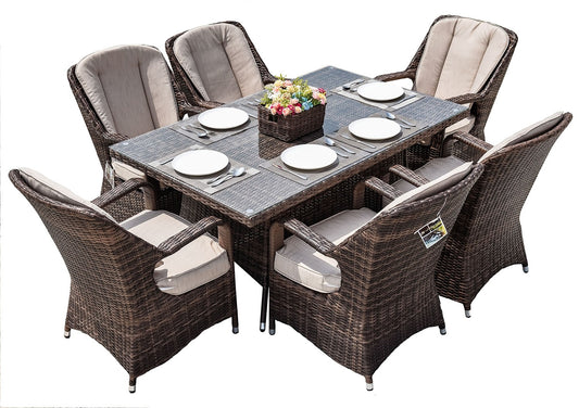 HomeRoots Outdoors - Ozark Brown 7-Piece Wicker Rectangular Outdoor Dining Set With Beige Cushion - 389971