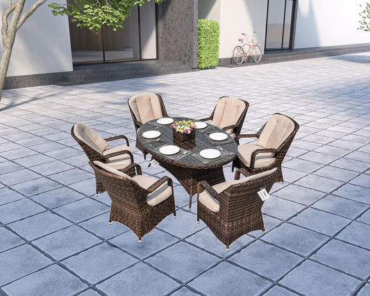 HomeRoots Outdoors - Ozark Brown 8-Piece Wicker Oval Outdoor Dining Set With Beige Cushion - 389973