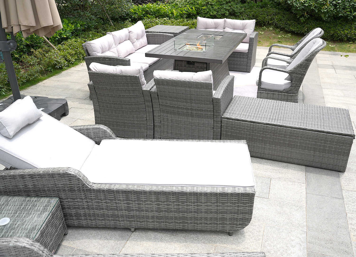 HomeRoots - Twelve Piece Outdoor Gray Wicker Multiple Chairs Seating Group Fire Pit Included With Cushions