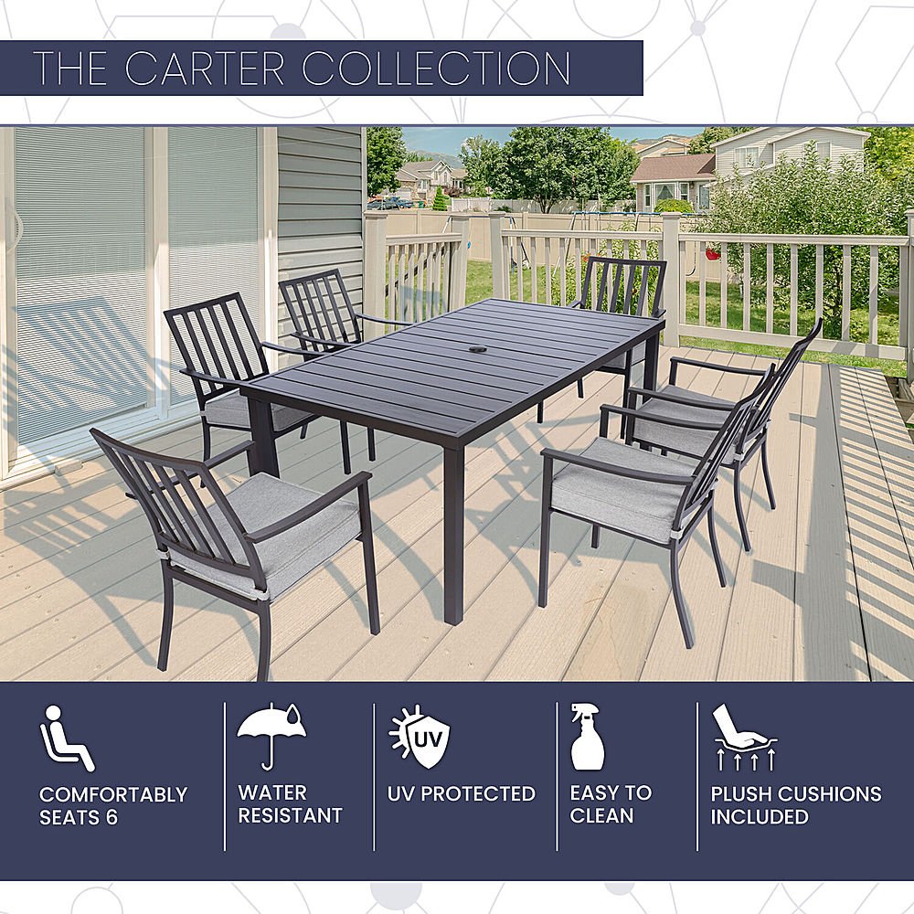 Mod Furniture - Carter 7-Piece Aluminum Outdoor Dining Set w/ Gray Cushions with All-Weather Frames, 6 Chairs, 72 in. x40 in. Slat Table | CARTDN7PC-GRY