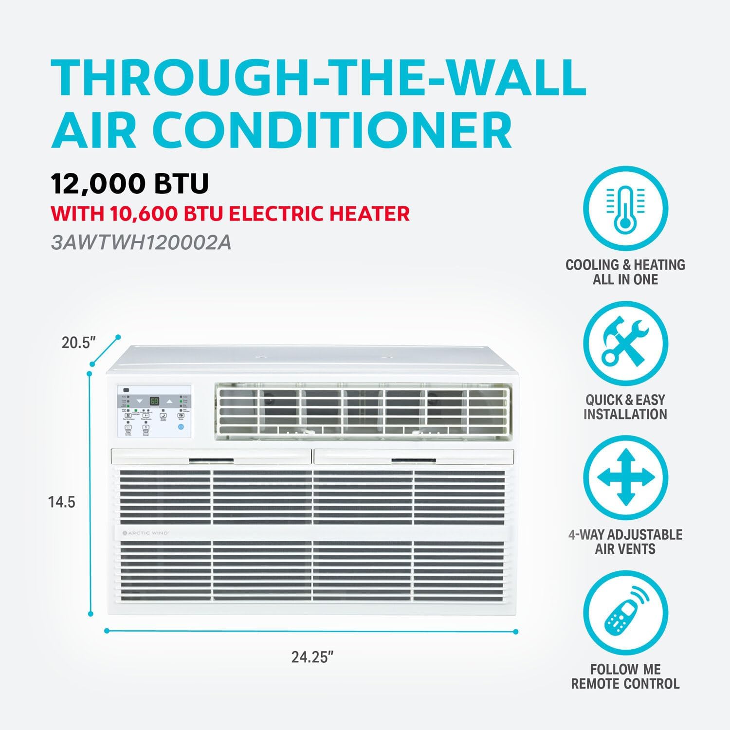 Arctic Wind - 12,000 BTU 230V Through Wall Air Conditioner with Supplemental Heat and Remote Control, 550 Sq. Ft. in White | 3AWTWH120002A