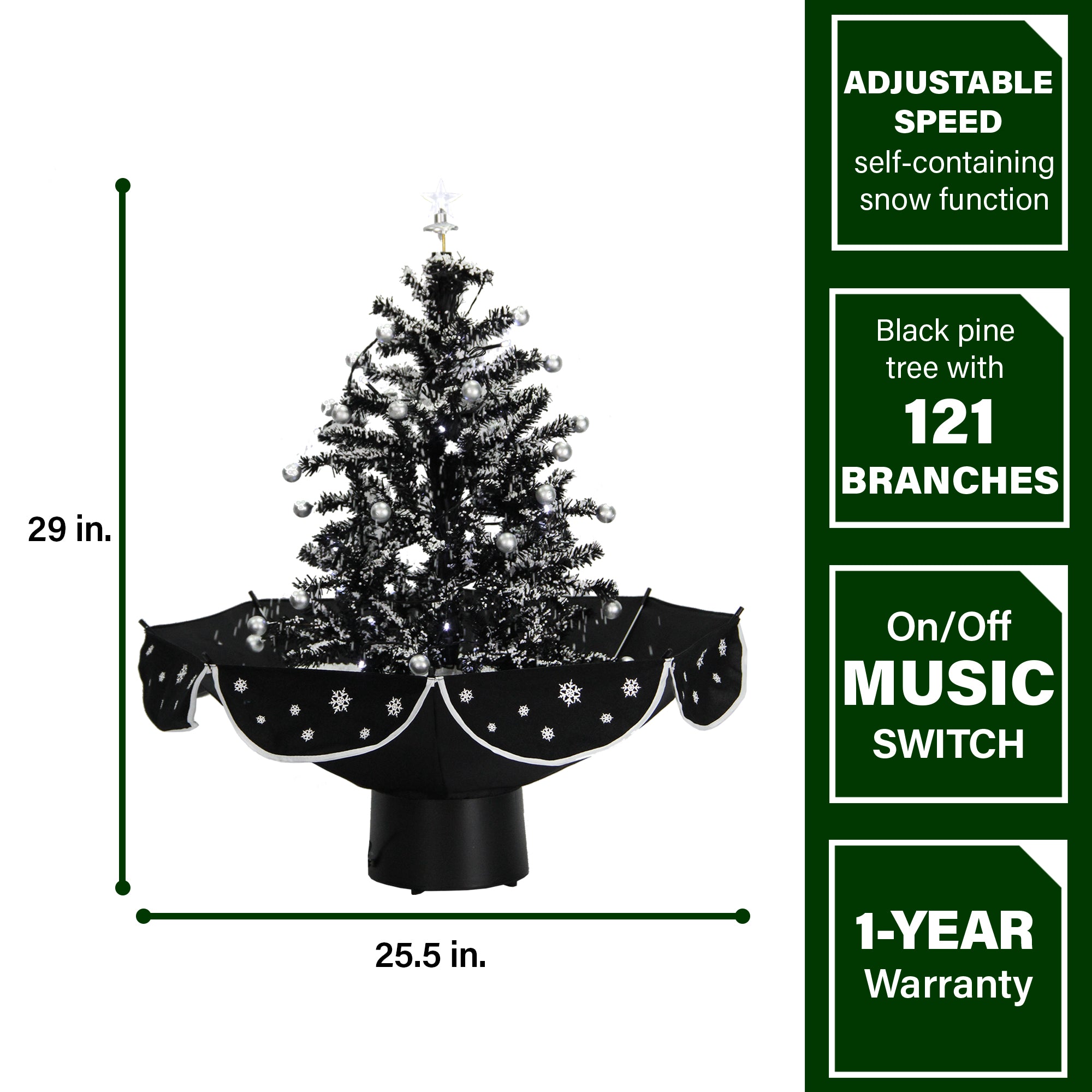 Christmas Time - 29" Snowy Black Tree with Star Topper and Black Skirt - Black