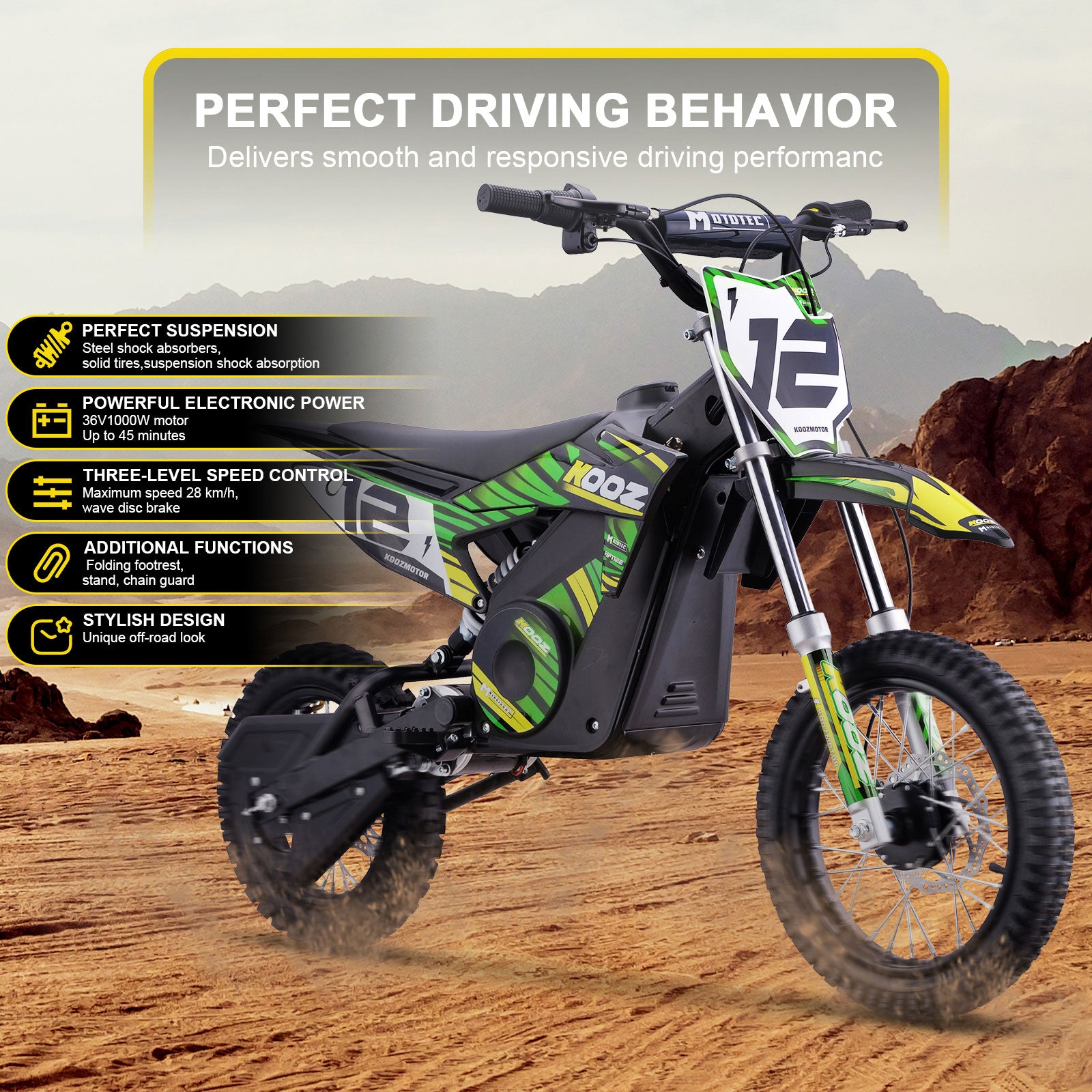 MotoTec - MotoTec 36v 1000w (HP112E) Electric Dirt Bike Green