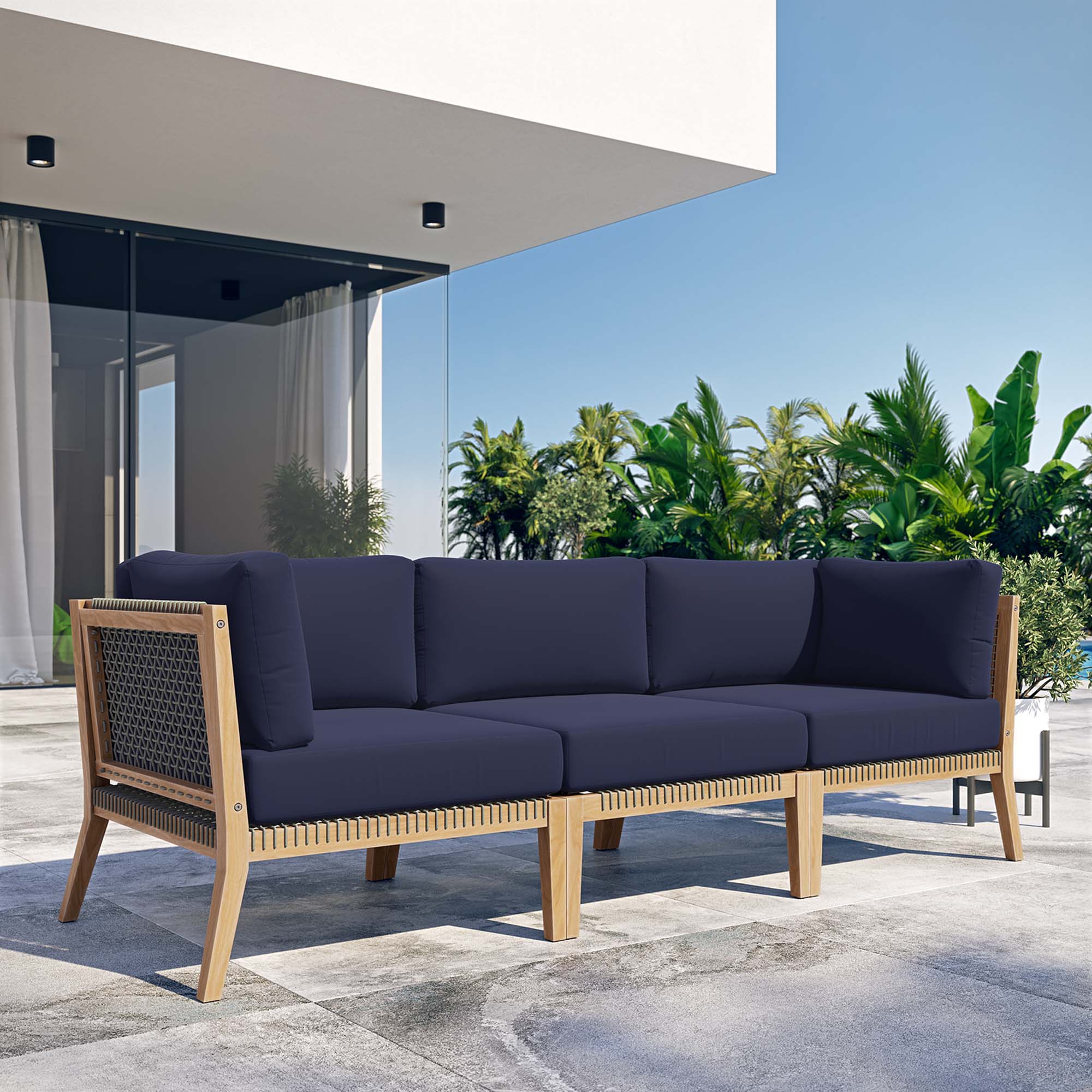 Modway - Clearwater Outdoor Patio Teak Wood Sofa in Gray Navy - EEI-6120-GRY-NAV