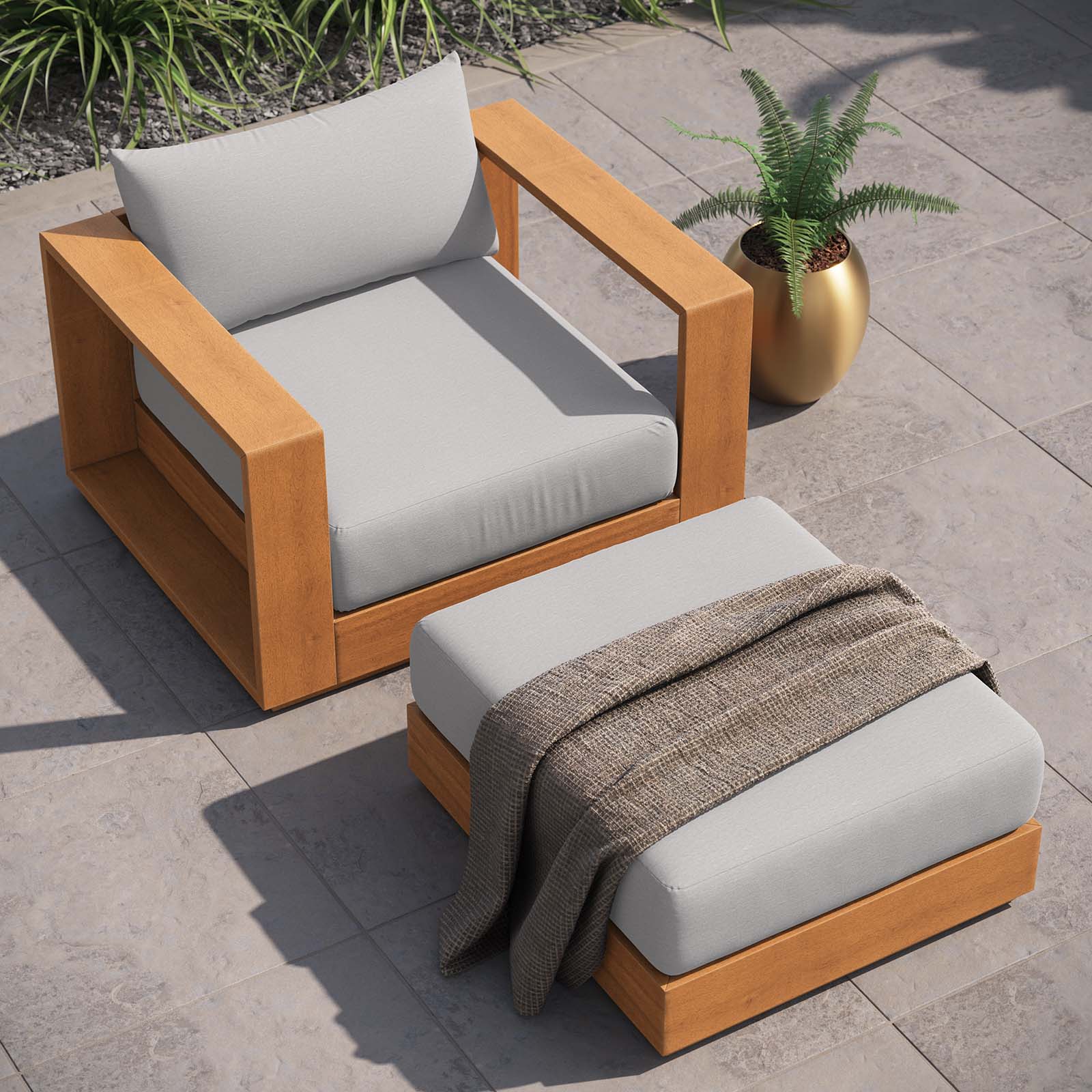 Modway - Tahoe Outdoor Patio Acacia Wood 2-Piece Armchair and Ottoman Set - Light Gray - EEI-6800-NAT-LGR