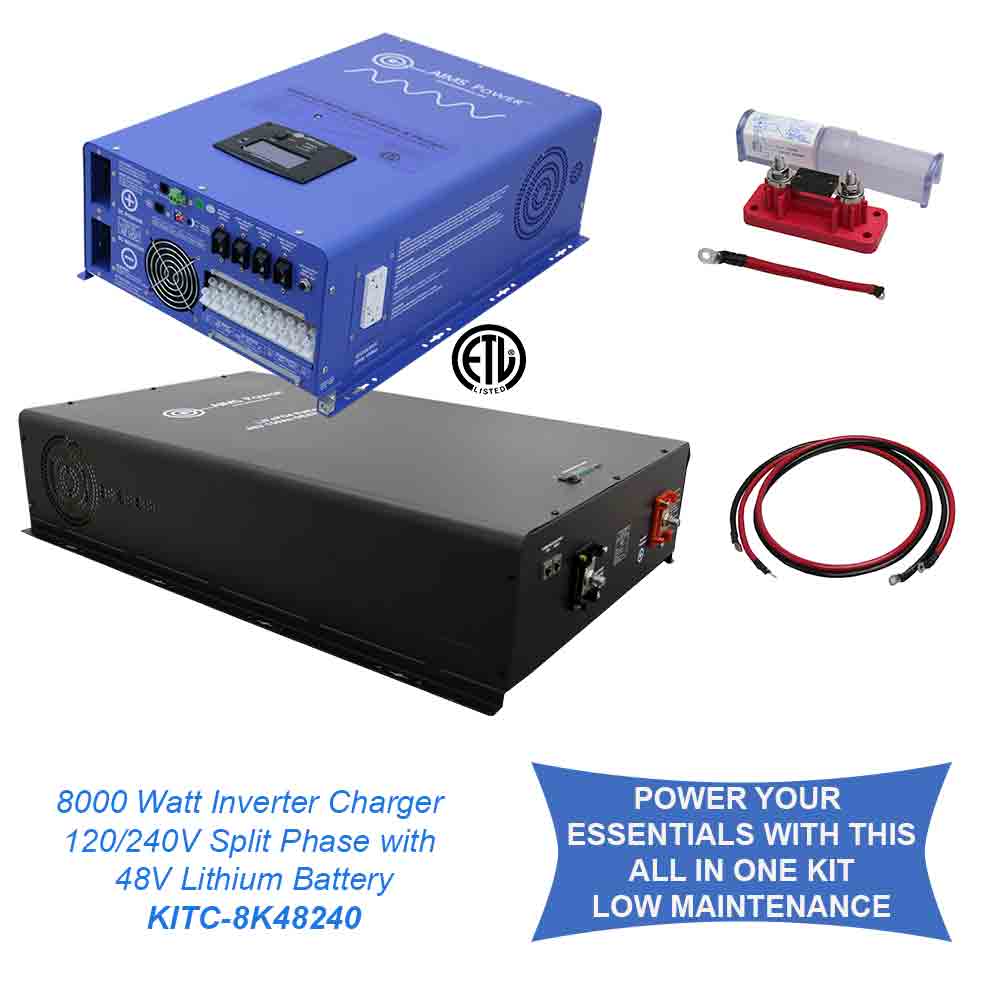 Aims Power - off Grid/ Back Up 8,000 Watt Pure Sine Inverter Charger 120V/240V & 48V Lithium Battery Kit - KITC-8K48240