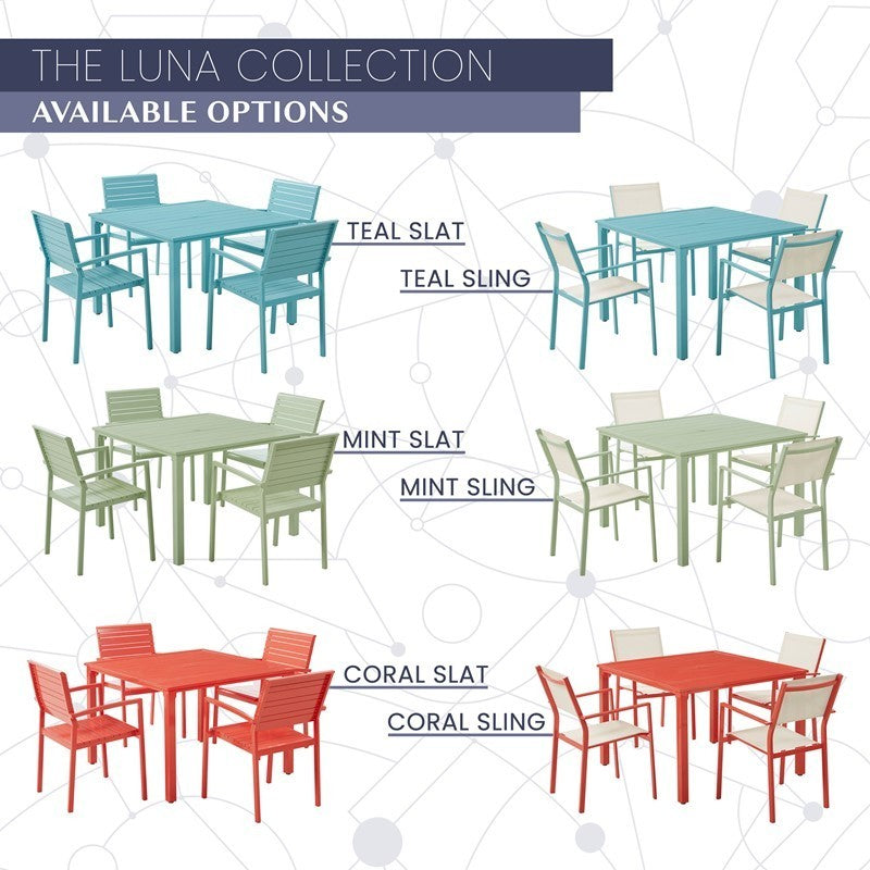 Mod Furniture -  Luna 5-Piece Aluminum Modern Outdoor Dining Set with All-Weather 4 Slat Dining Chairs and 41 in. Square Slat Table | LUNADN5PCST-TL