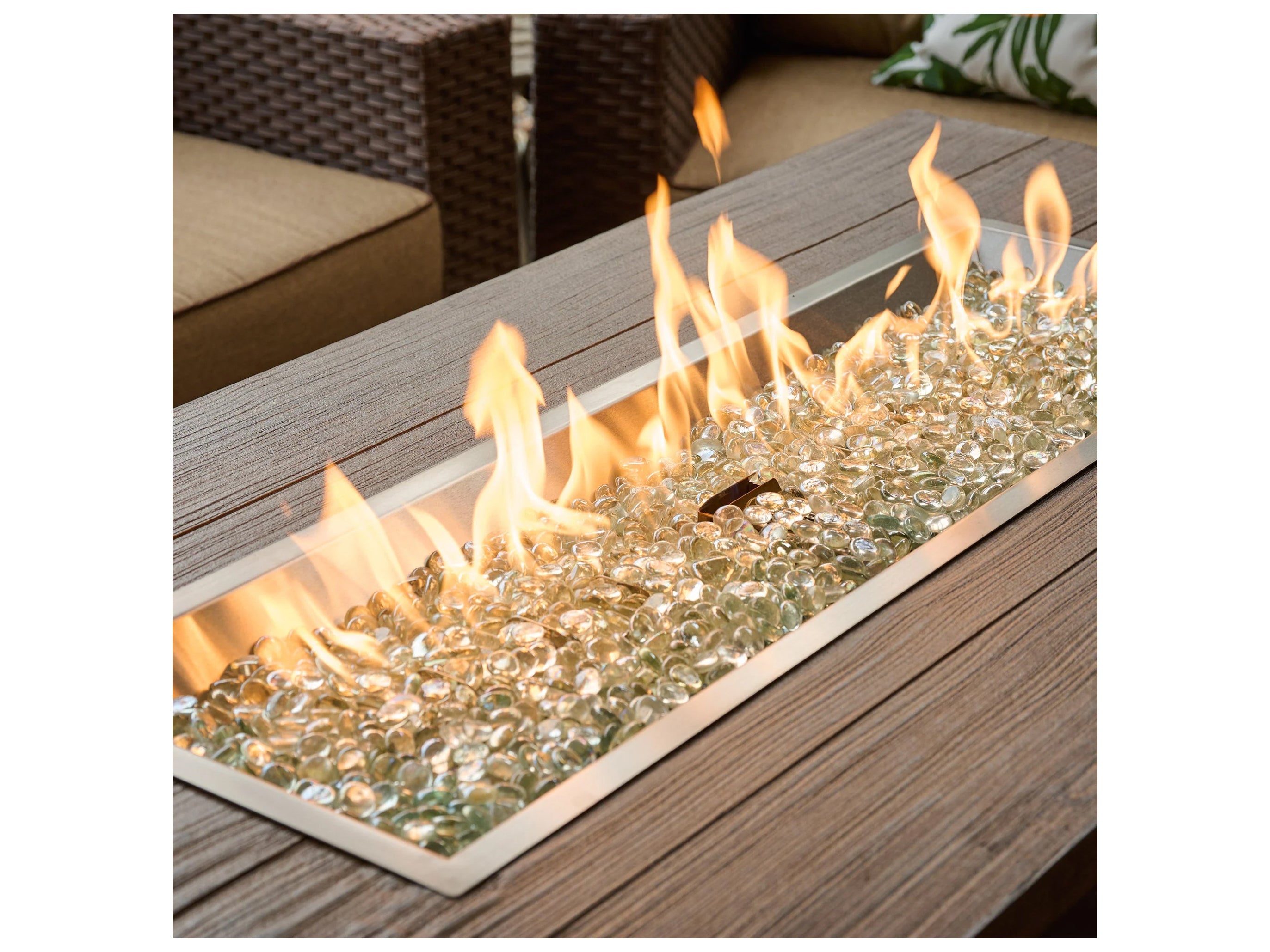 Outdoor Greatroom - 62’‘W x 30’'D - Havenwood Steel Luverne Black Rectangular Driftwood Everblend Top Gas Fire Pit Table