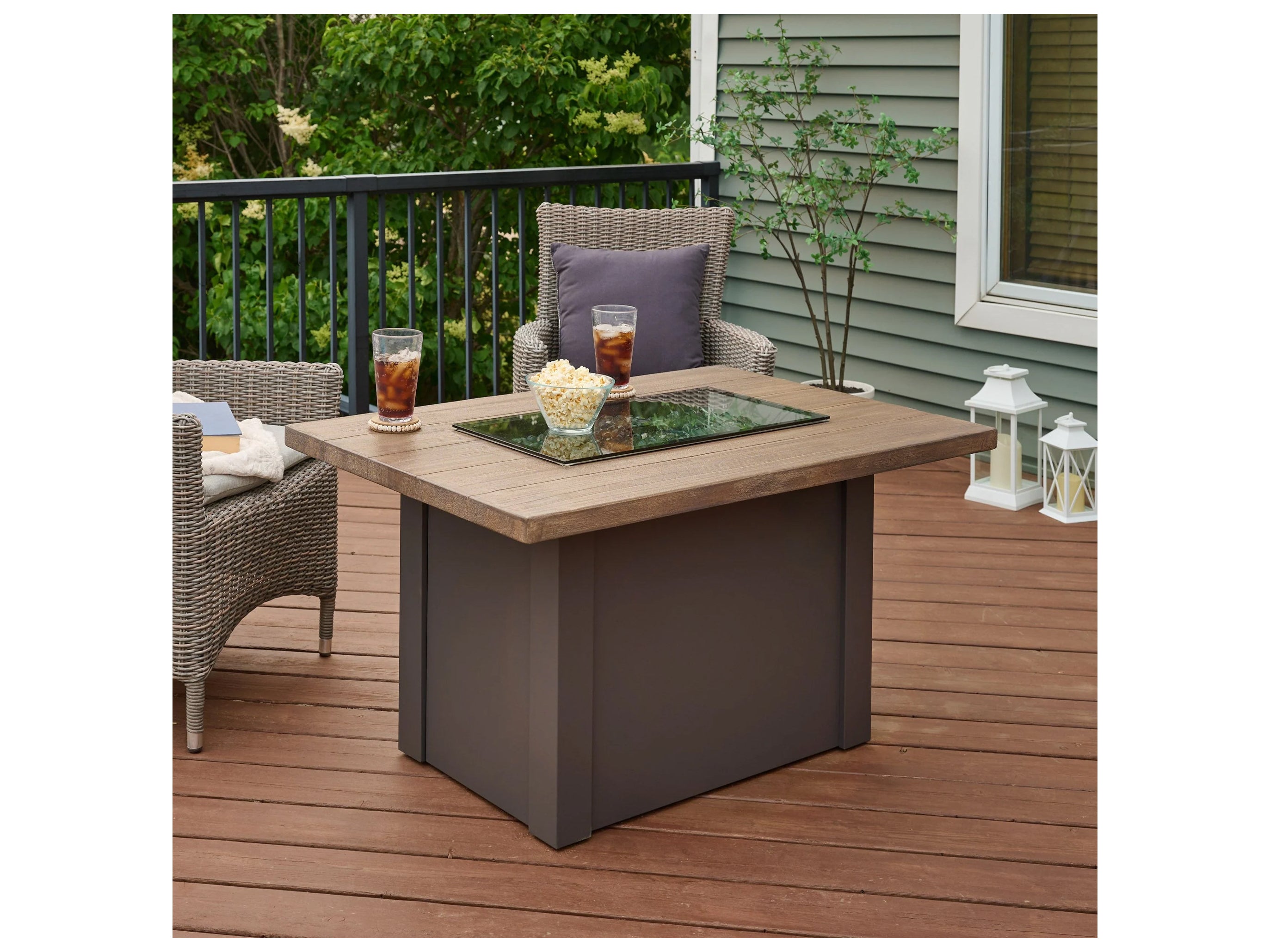 Outdoor Greatroom - 44’‘W x 30’'D - Havenwood Steel Graphite Grey Rectangular Driftwood Everblend Top Gas Fire Pit Table