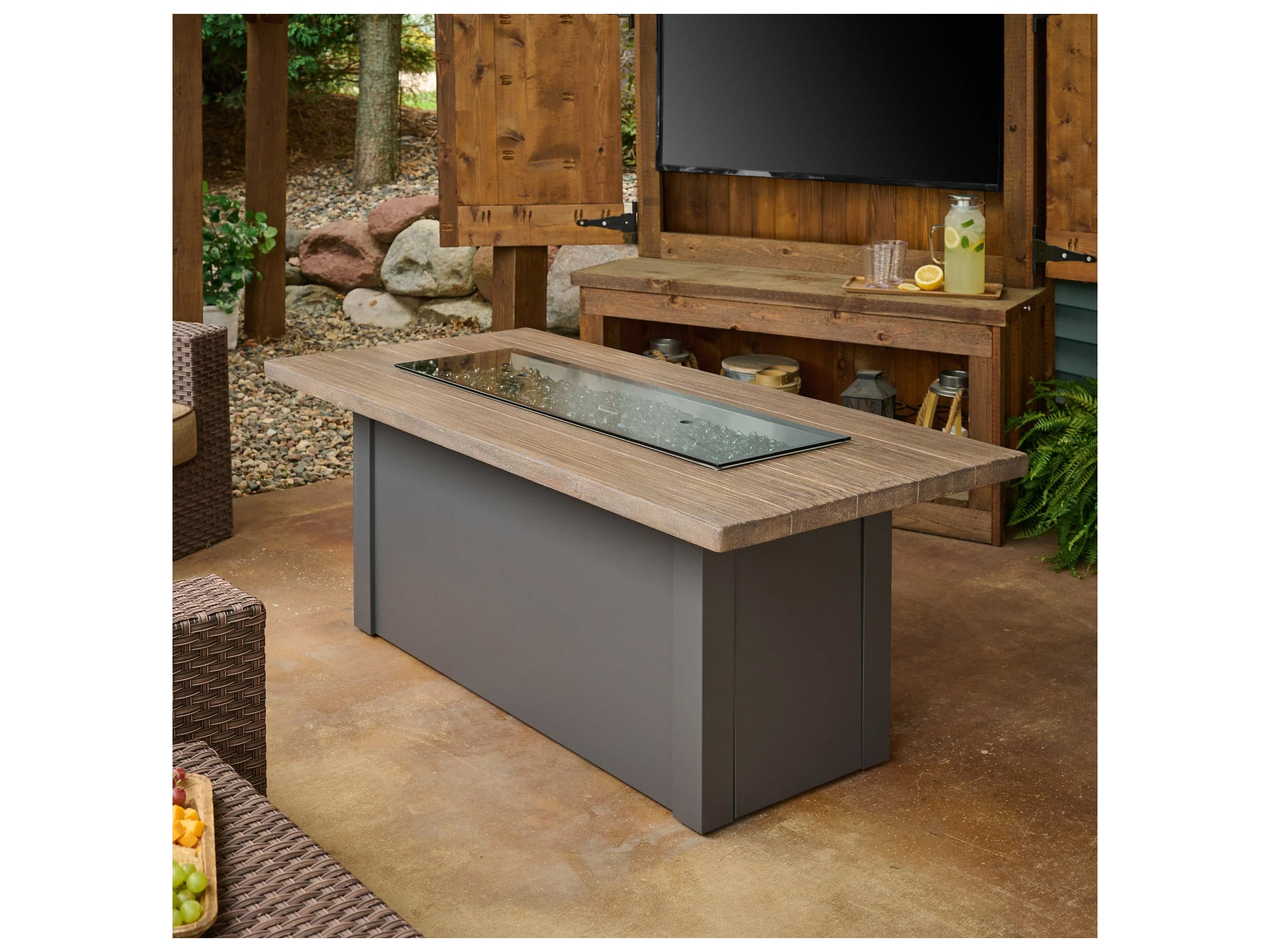 Outdoor Greatroom - 62’‘W x 30’'D - Havenwood Steel Graphite Grey Rectangular Driftwood Everblend Top Gas Fire Pit Table with Direct Spark Ignition