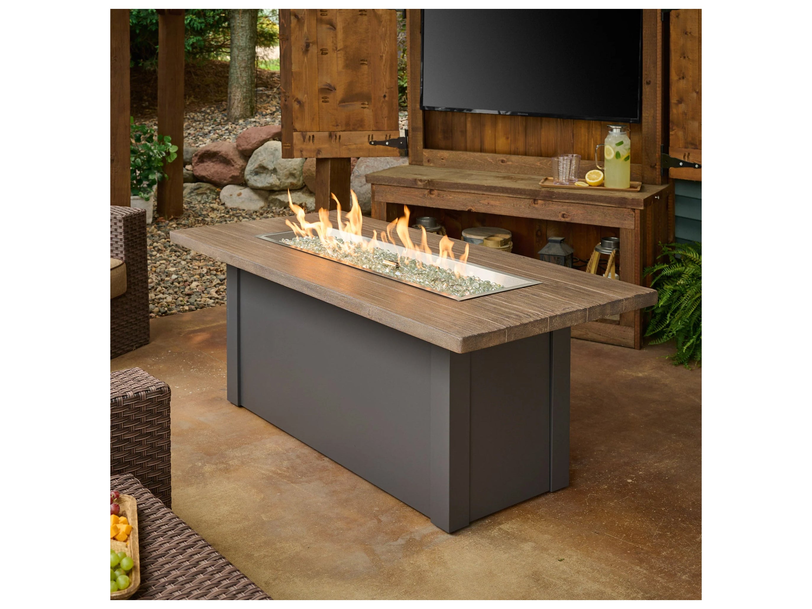 Outdoor Greatroom - 62’‘W x 30’'D - Havenwood Rectangular Driftwood Everblend Top Gas Fire Pit Table - 150 lbs