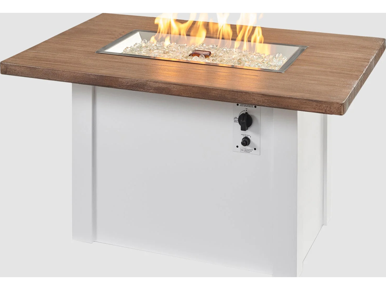 Outdoor Greatroom - 44’‘W x 30’'D - Havenwood Steel White Rectangular Driftwood Everblend Top Gas Fire Pit Table