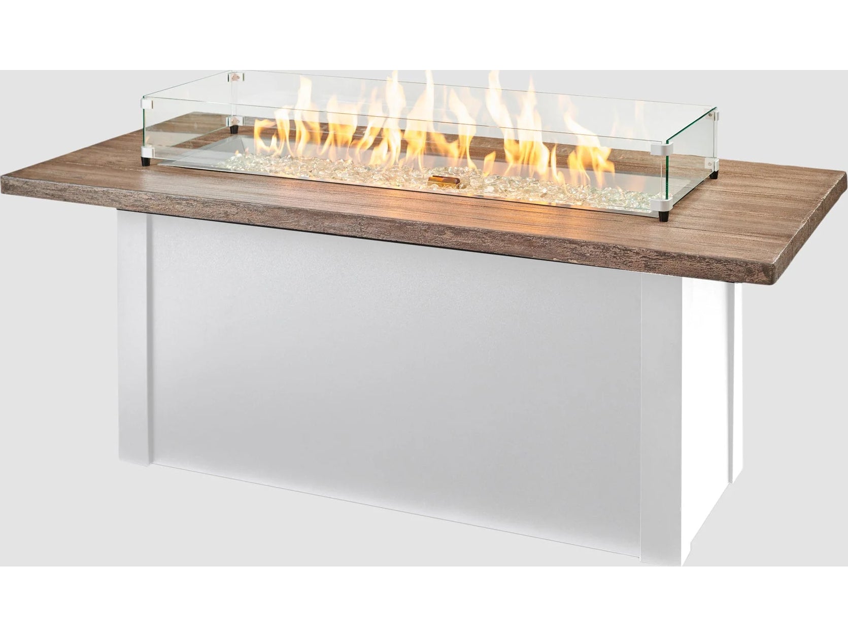 Outdoor Greatroom - 62’‘W x 30’'D - Havenwood Steel White Rectangular Driftwood Everblend Top Gas Fire Pit Table - Direct Spark Ignition