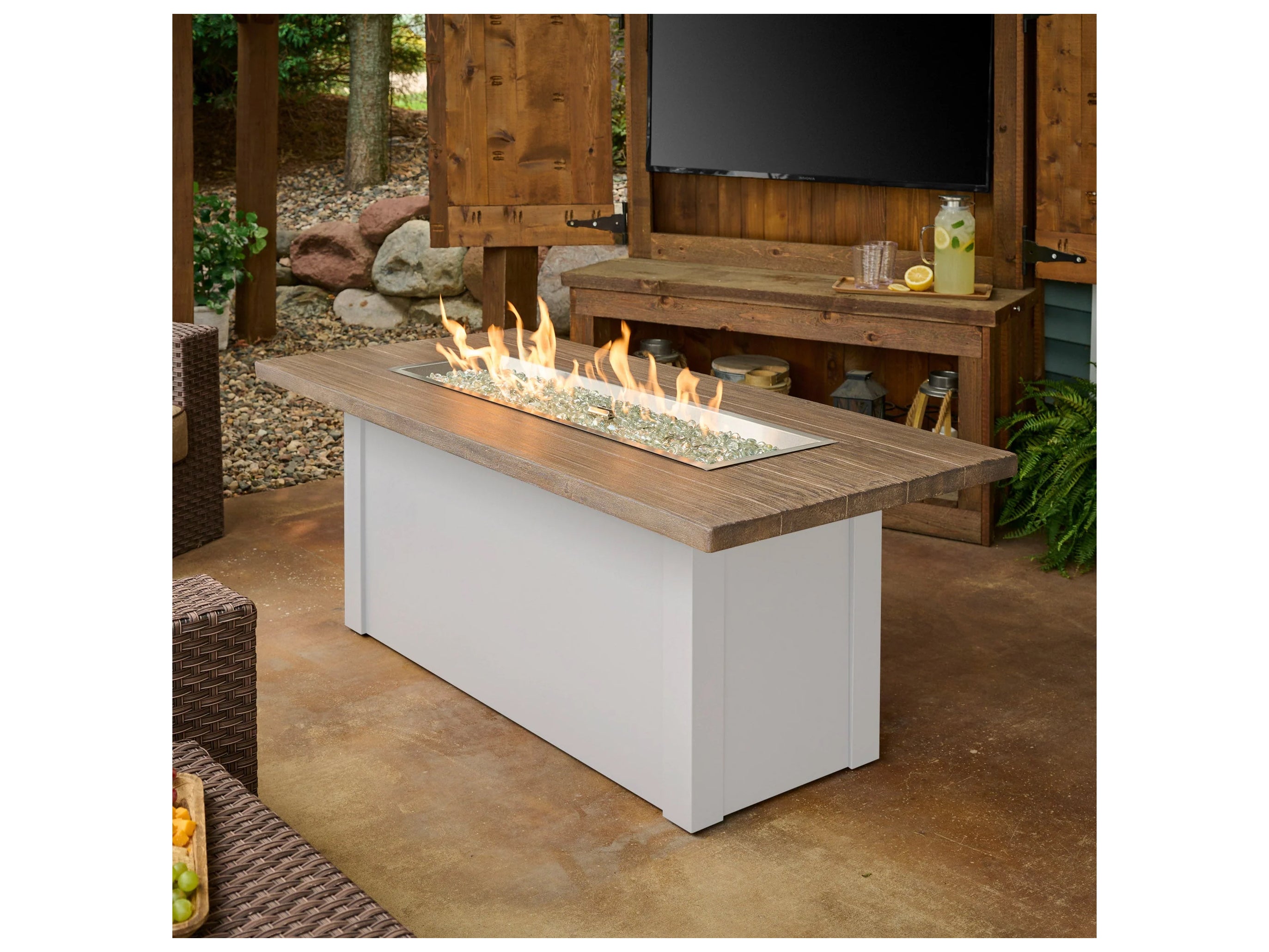 Outdoor Greatroom - 62’‘W x 30’'D - Havenwood Steel White Rectangular Driftwood Everblend Top Gas Fire Pit Table