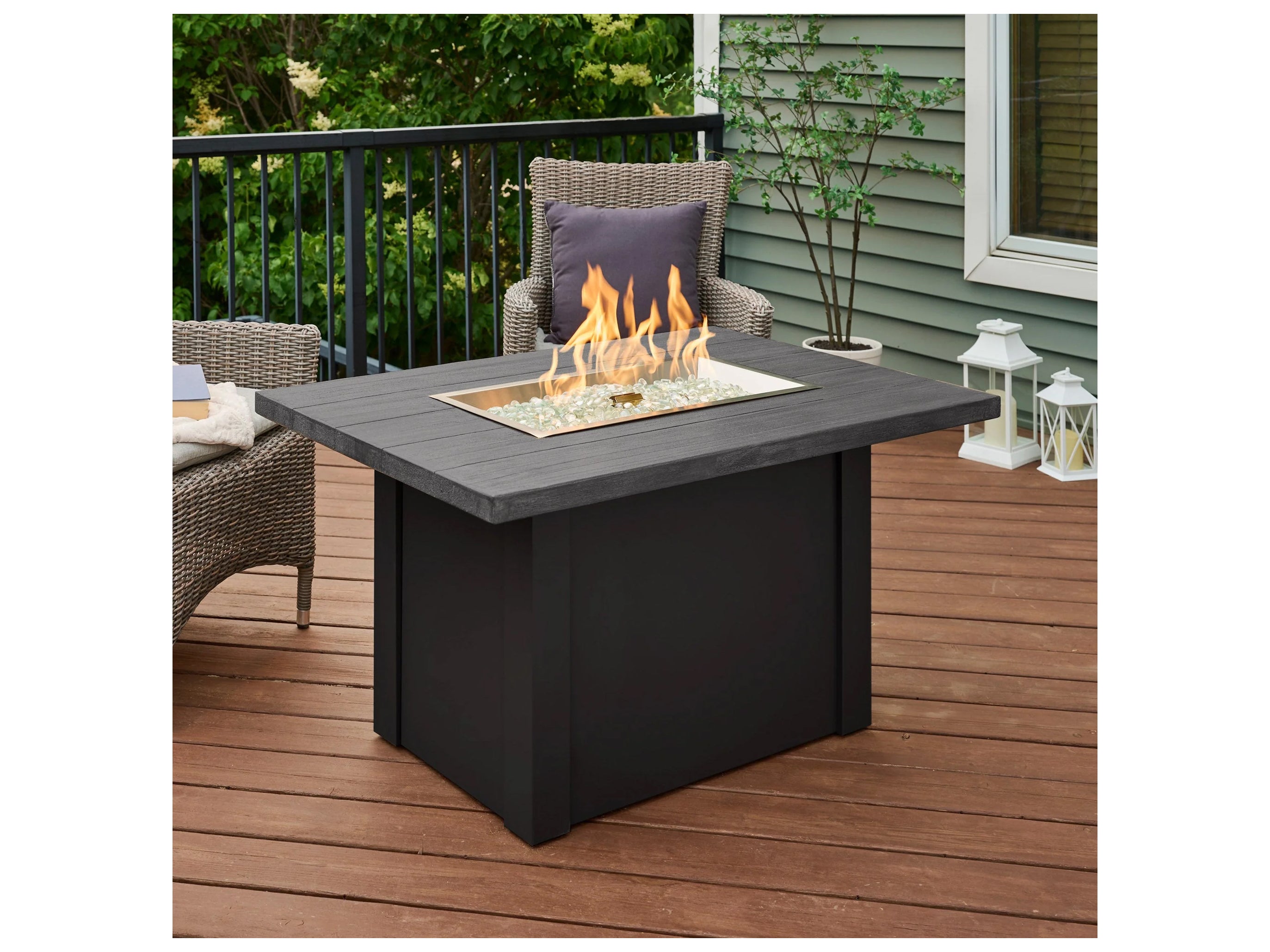 Outdoor Greatroom - 44’‘W x 30’'D - Havenwood Steel Luverne Black Rectangular Carbon Grey Everblend Top Gas Fire Pit Table